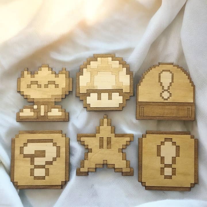 Glassbrikker i tre – Super Mario Pixels – 6 stk.